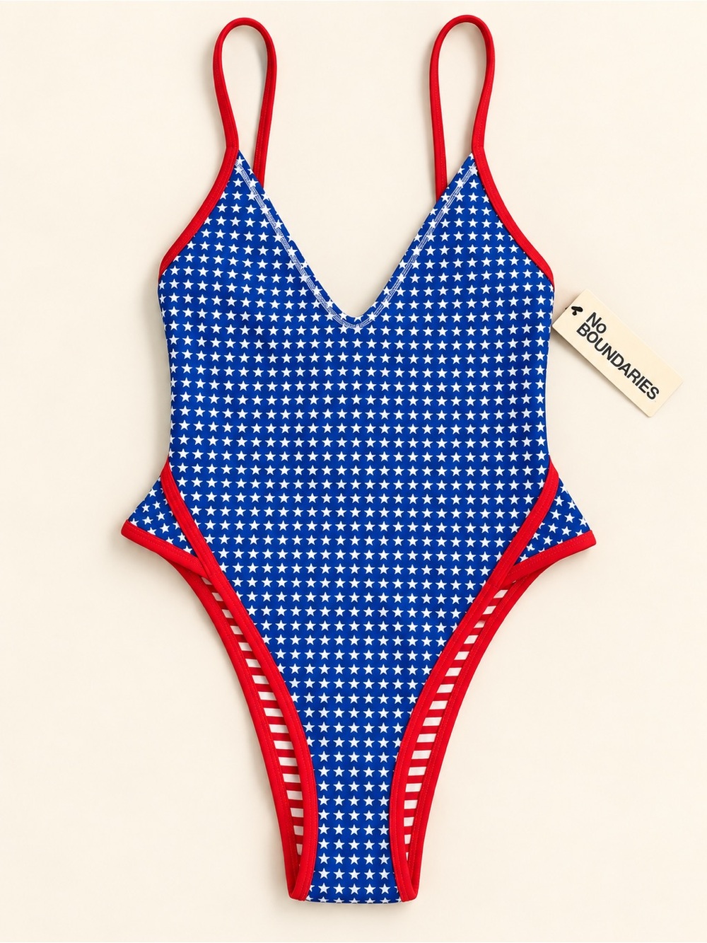 No Boundaries Blue Star-Print One-Piece Swimsuit with Red Trim